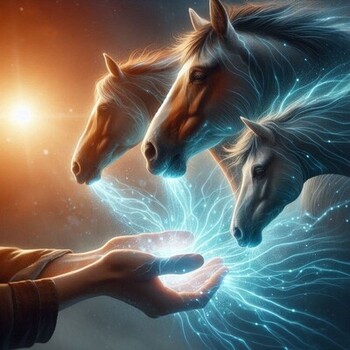 énergie du reiki qui coule des mains vers les chevaux